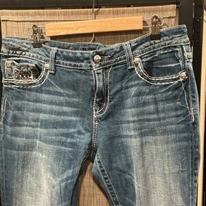 Miss Me Women's Boot Cut Jeans in Distressed Blue Denim